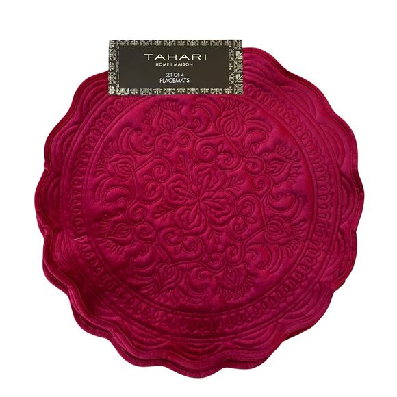 Tahari Medallion Burgundy Velvet Velour Placemats 16" Set of 4 Holiday NEW - Picture 1 of 7